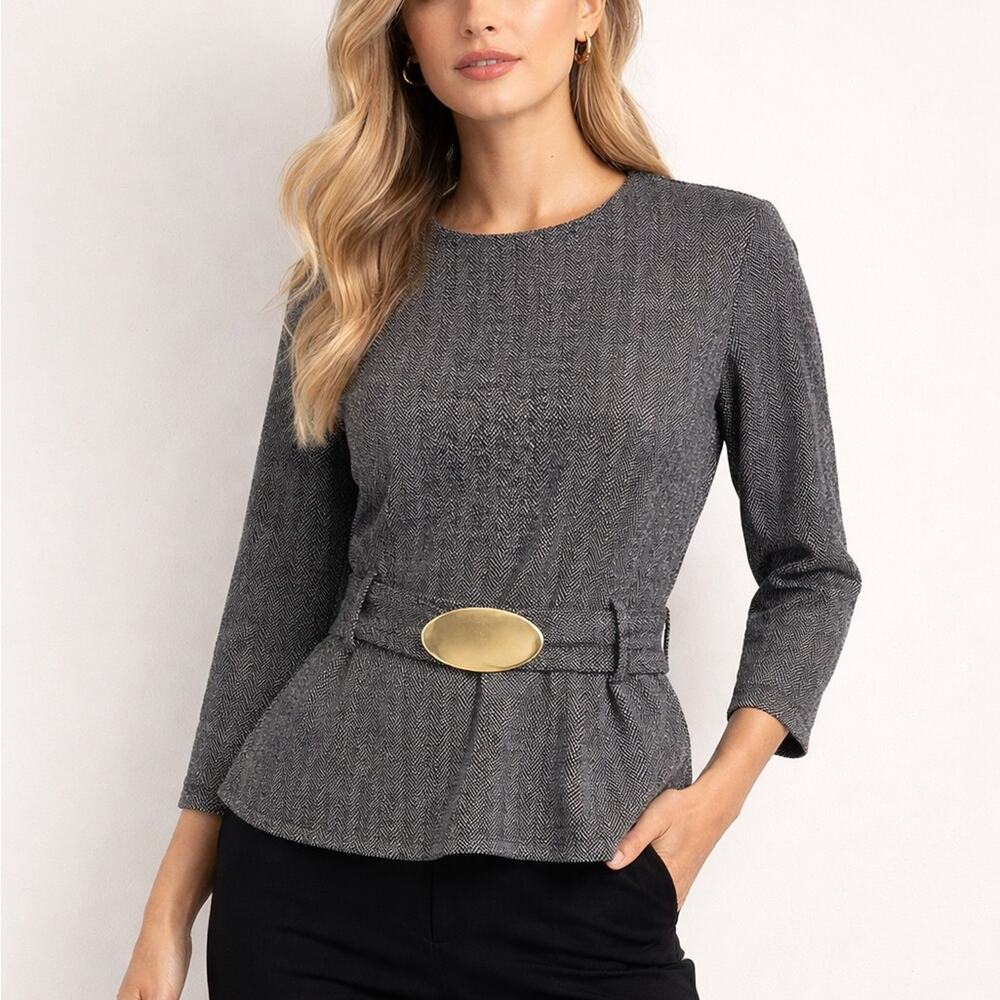 Zara Herringbone Buckle Detail Top Gray Black Long Sleeve Size Large